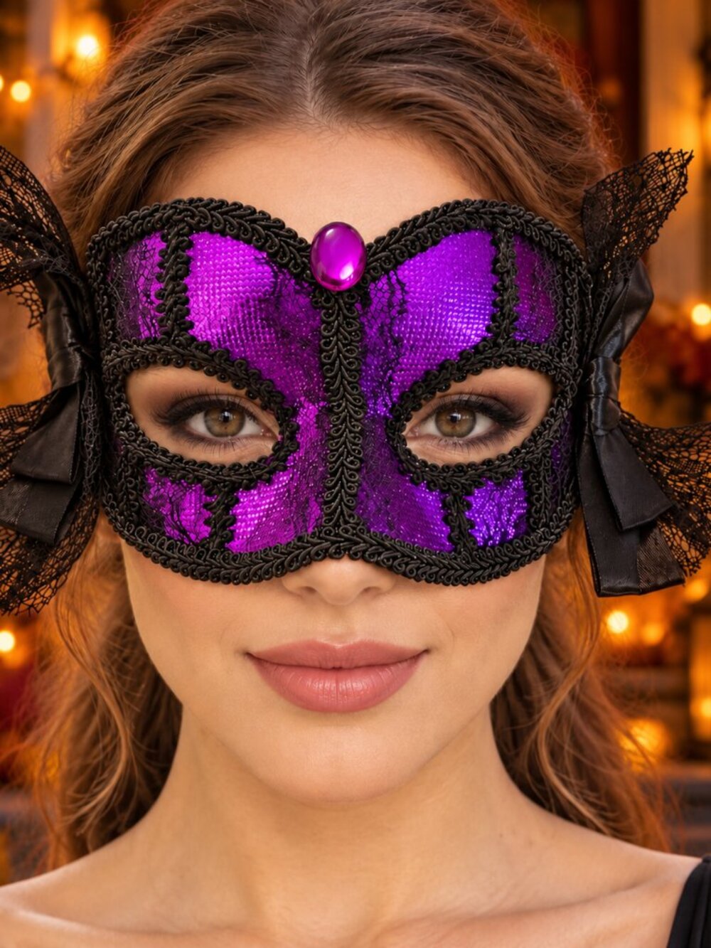 Purple & Black Lace Masquerade Mask with Jewel